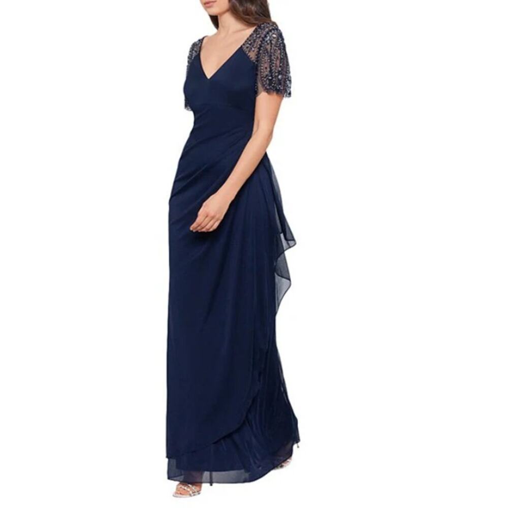 Xscape Women's Navy Sheer Flutter Sleeve V-Neck Beaded Slim Gown Size 10 - Picture 3 of 10